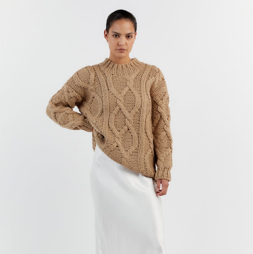 Dissh Ellis Oat Chunky Cable Knit Jumper, Tan Natural Wool Viscose Sweater, XS/S - Picture 2 of 8